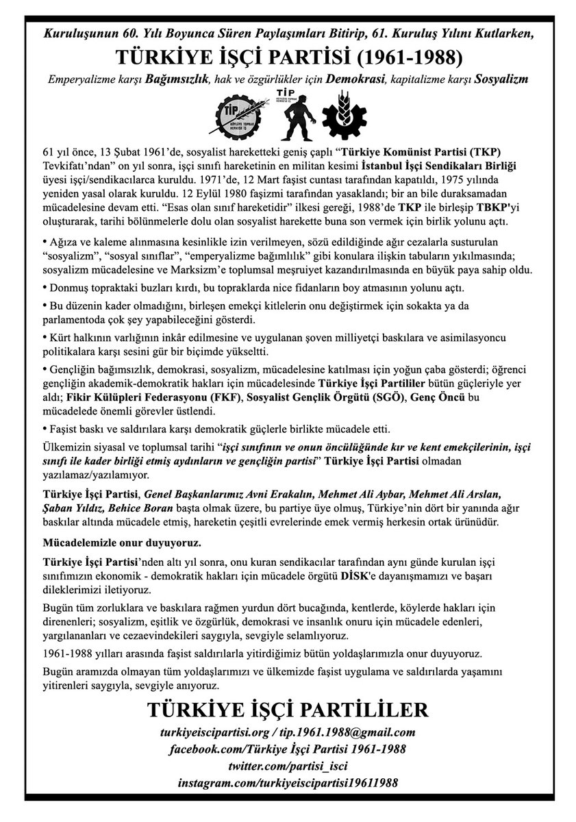 27 yıllık mücadelemize emek veren tüm Partilileri, gençlik örgütlerimizin üyelerini ve Parti dostlarımızı kutluyoruz.
Faşist kurşunlarla yitirdiğimiz yoldaşlarımız onurumuzdur.
Yitirdiklerimizi saygı ve sevgi ile anıyoruz.
Hiçbiri unutulmadı, unutulmayacak! #TİP60Yıl