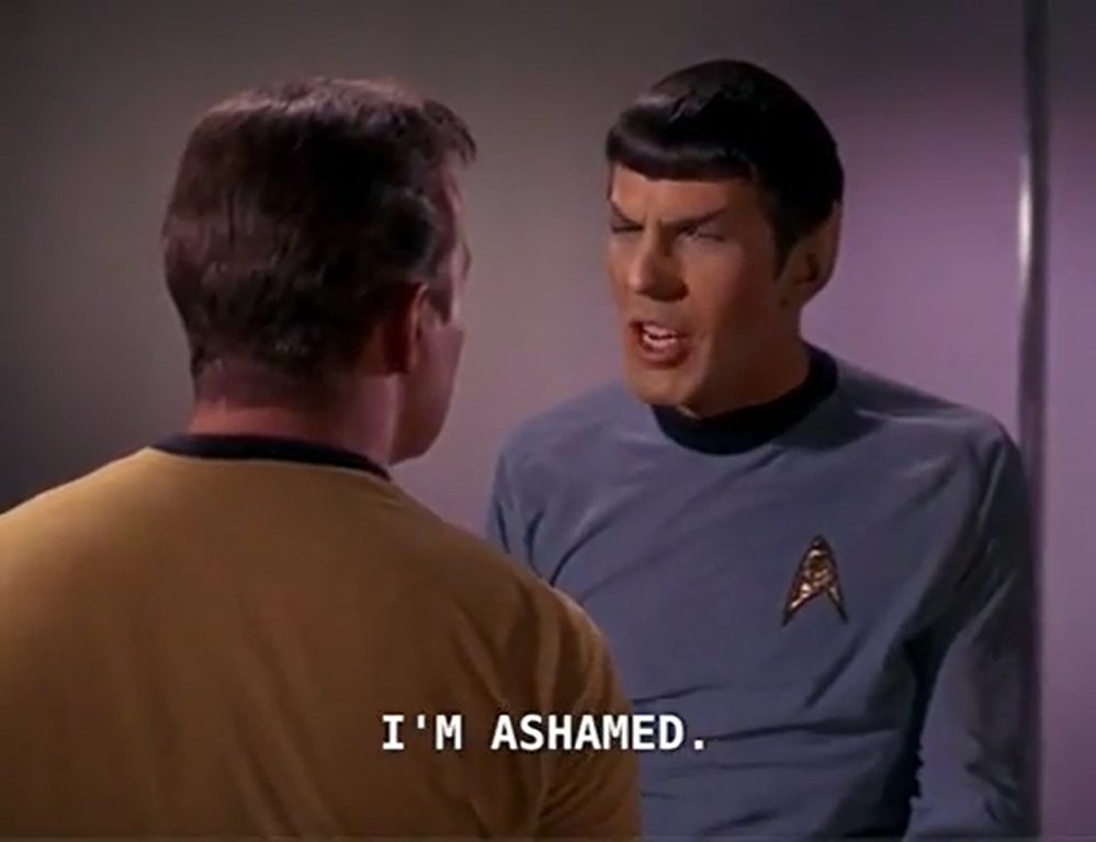 pencilscratchin's tweet image. if spocks not a gay person from a guilt-shame culture then why does this line make my, a gay person from a guilt shame culture's, brain rattle like loose change in my glove department