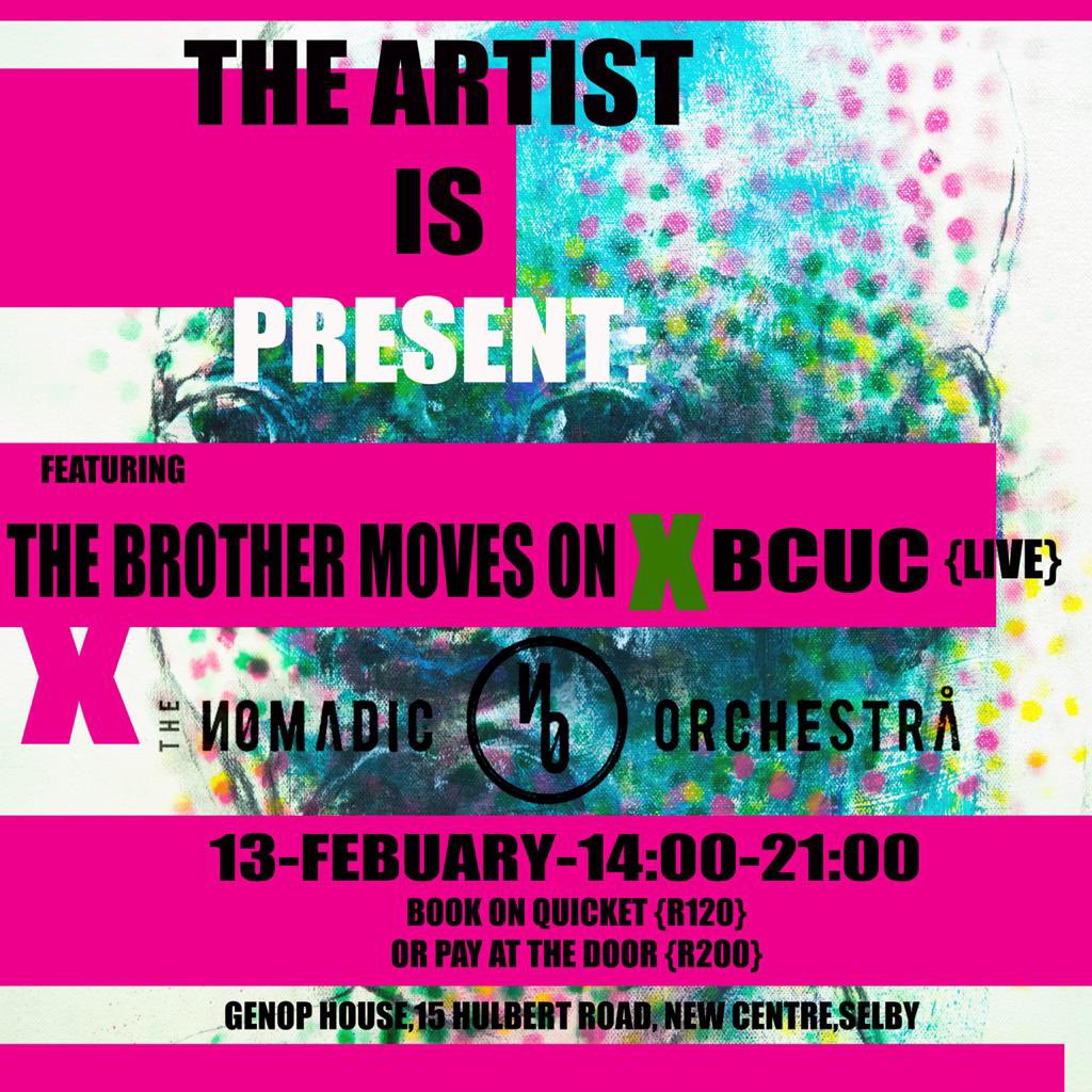NoShadowJab's tweet photo. It’s all about live music today!
#TheArtistIsPresent ft. #TheBrotherMovesOn x #BCUC x #NomadicOrchestra (CPT)
📍 (Genop House, 15 Hulbert Road, New Center, Shelby)
🎟 Tickets 🎟
R120 on @QuicketSA
R200 at the door
⏰ 2PM - 9PM https://t.co/f9E0A39MVp