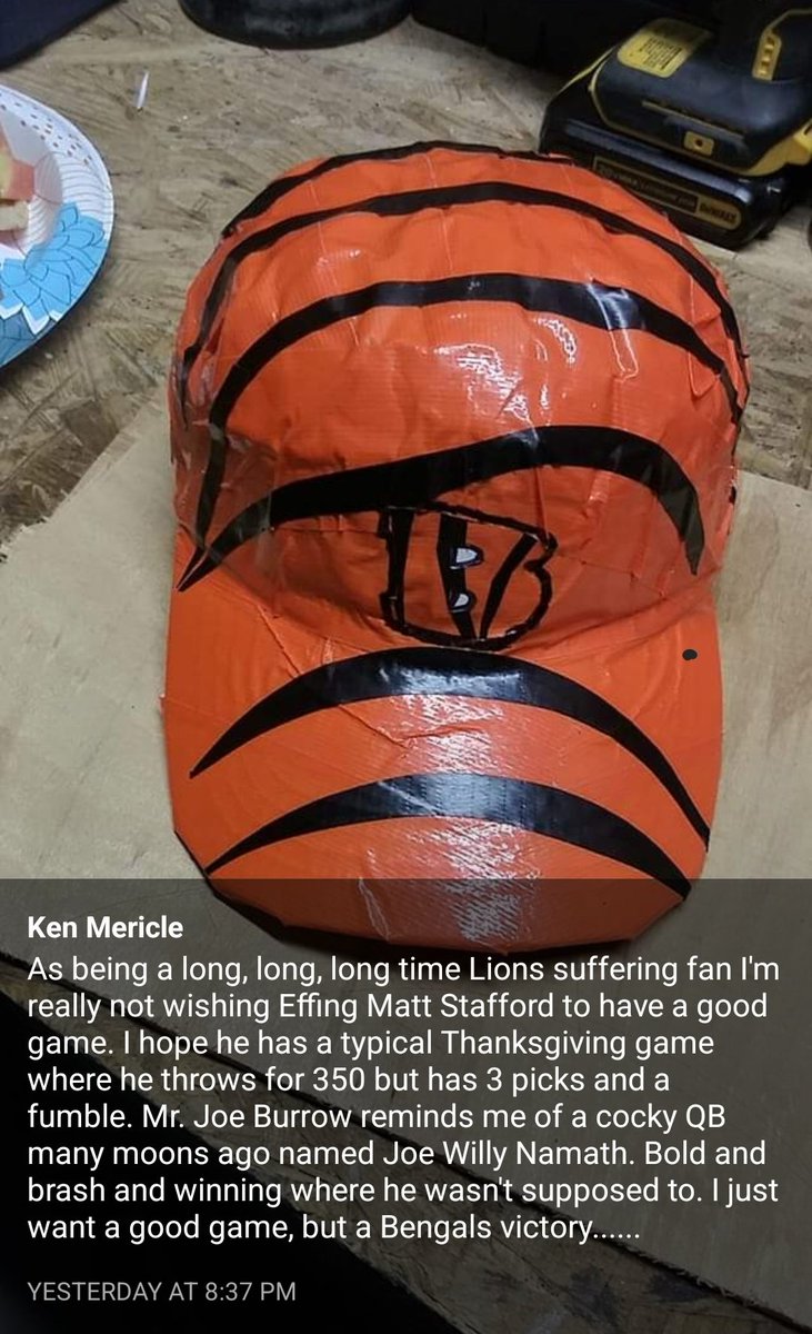 celestialhatter's tweet photo. S/O to my father (diehard Bucs fan) who duct taped this masterpiece to show his support for the @bengals tomorrow. #SuperBowlLVI #Bengals https://t.co/VZfDFWZAoV