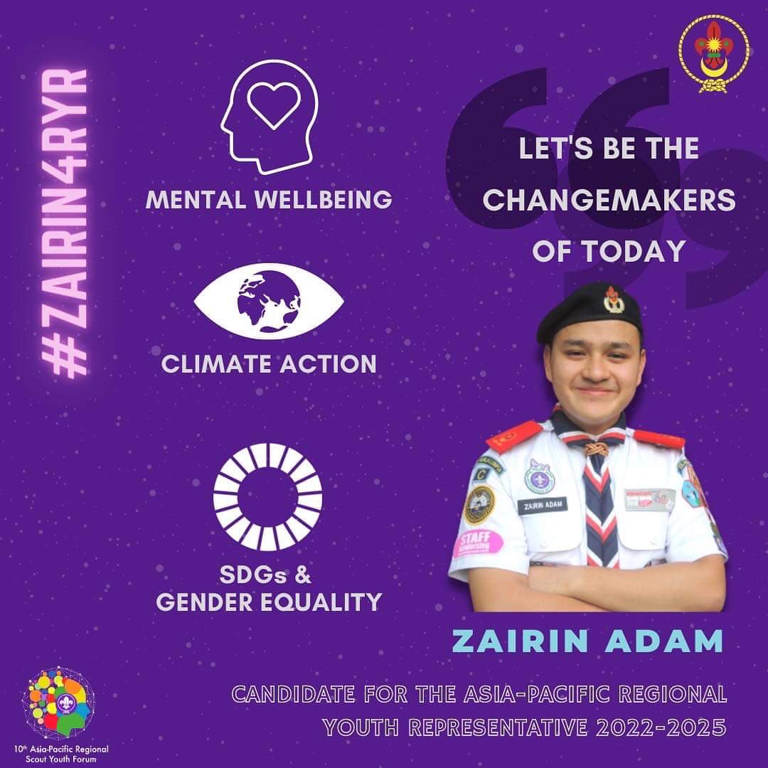 PengakapMY's tweet photo. This is ZAIRIN ADAM BIN ABDUL AZIZ from Persekutuan Pengakap Malaysia. Candidate for the Asia- Pacific Regional Youth Representatives (APRYR) 2022-2025.
*Election of APRYR at 4.46 pm today. Announcement of APRYR 2022-2025 at 5.00 pm today.*
#ZAIRIN4RYR #10thAPRSYF #TeamMY #PPM https://t.co/TvhFYQ0DKf