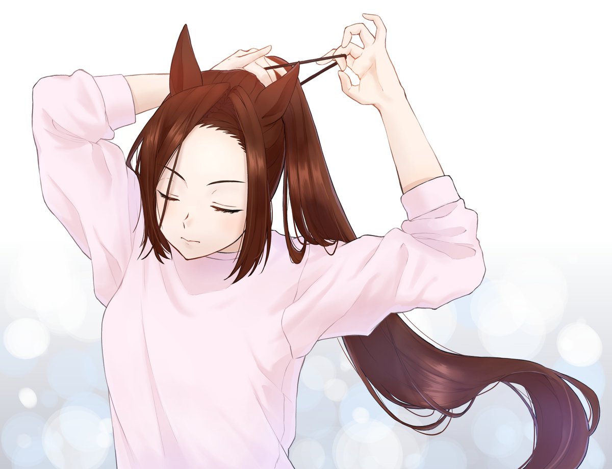 1girl solo horse ears closed eyes brown hair animal ears long hair  illustration images