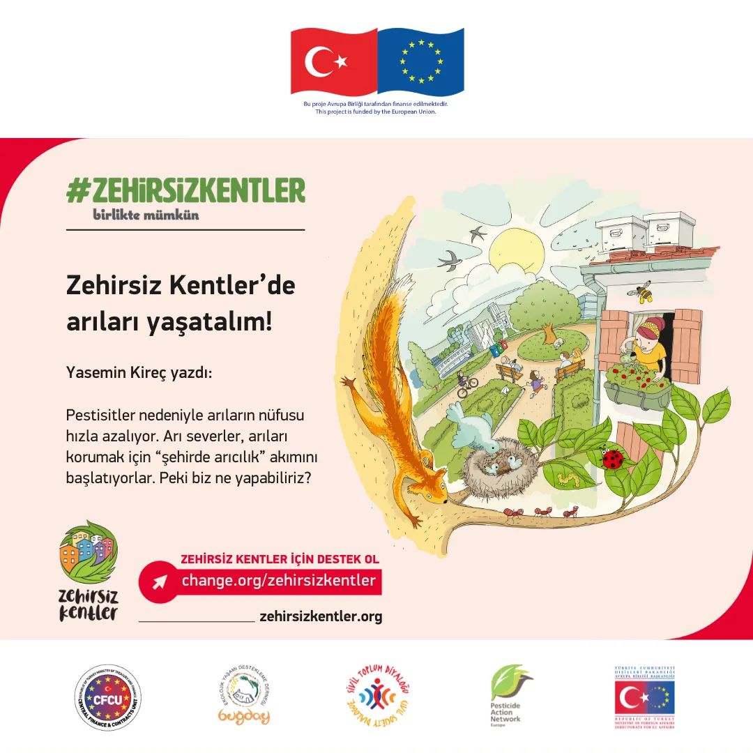 🐝 Arıları yaşatalım!

💪 Pestisit kullanımını tamamen bırakalım.

🏡 Apartmanımızda açık otopark yerine bahçe yapılmasını isteyelim.

🌸 Bahçemizi arıların sevdiği çiçeklerle donatalım.

📝 Zehirsiz Kentler Kampanyası’na destek olalım:
✍️Change.org/ZehirsizKentler