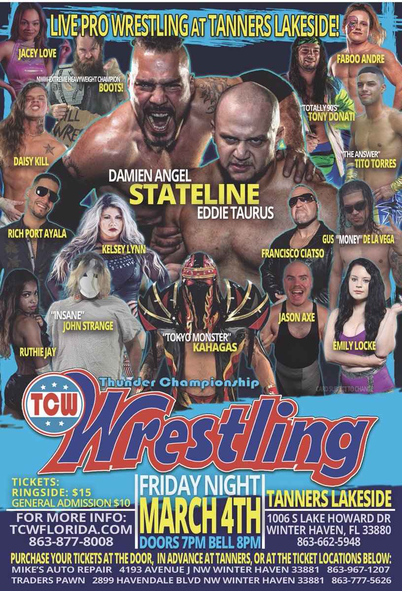 TCWflorida's tweet photo. On March 4th @TCWflorida returns to Tanners Lakeside in Winter Haven Florida! Don’t miss all the action!
#tcw #tcwflorida #wrestling #winterhaven #prowrestling https://t.co/s9oTmylZKn