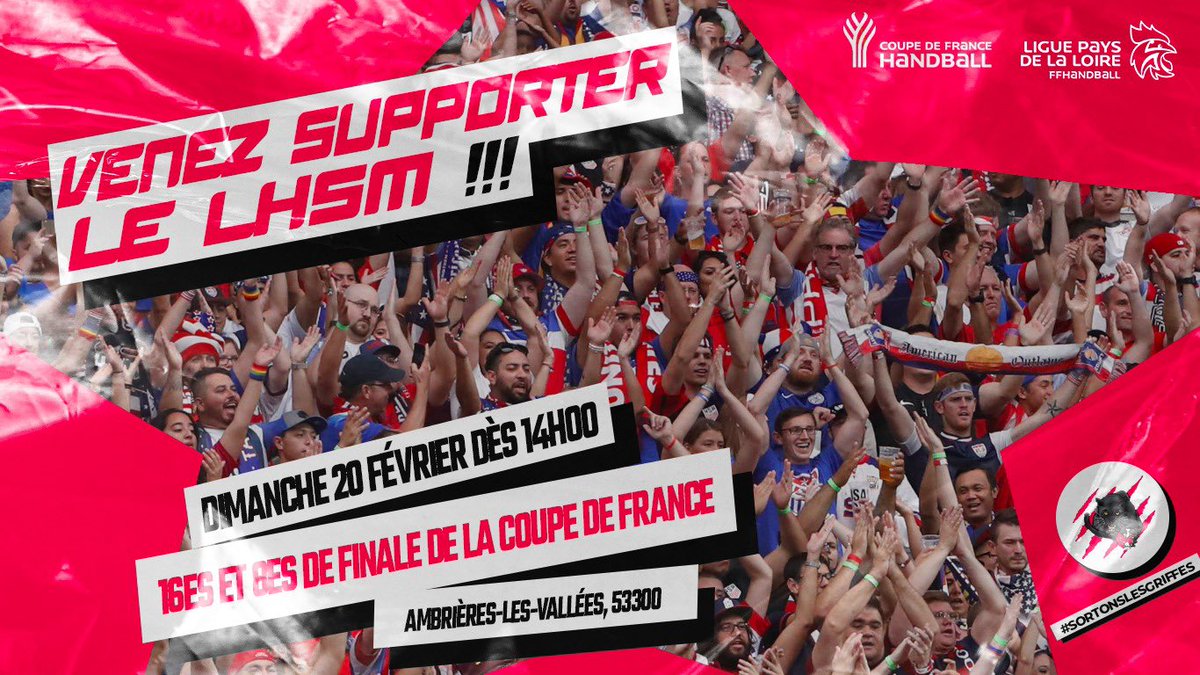 Venez supporter le LHSM en 1/16eme de finale de Coupe de France le dimanche 20 fevrier prochain à Ambrières les Vallées !
On compte sur vous ! <a href="/HautAnjou/">Haut Anjou</a> <a href="/OuestFrance53/">Ouest-France 53</a> <a href="/HandPaysdeLoire/">Ligue Handball Pays de la Loire</a>