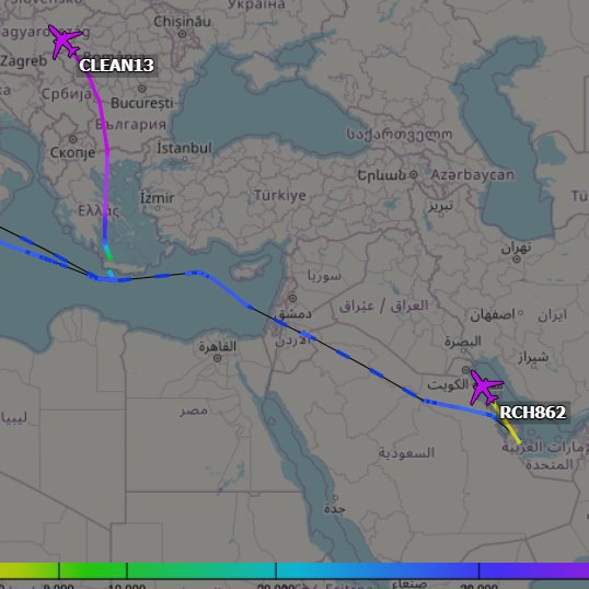 vcdgf555's tweet photo. The two KC-10s used for the CORONET mission to assist the F-22s to Al Dhafra are on their way back to the states.
CLEAN13 is 82-0193 #AE0212
RCH862 is 85-0030 #AE0222
CLEAN & GOLD are CORONET callsigns. https://t.co/H5y9WQj9PQ