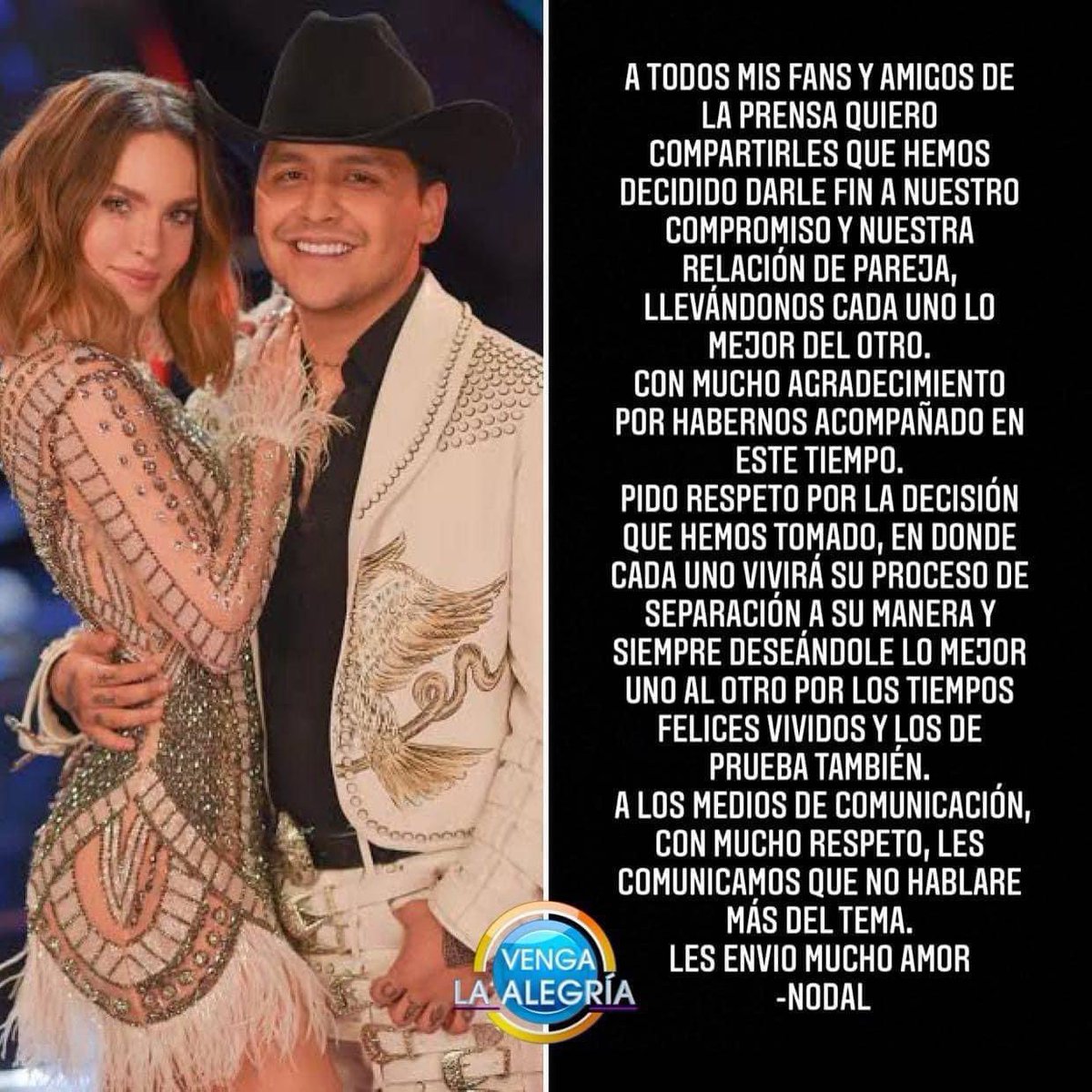 YOAMOPLAYARADIO's tweet photo. #Espectáculos 💔 #Nodeli 
Christian Nodal anuncia el fin de su compromiso con Belinda a través de este comunicado. https://t.co/9Ige45cDEC