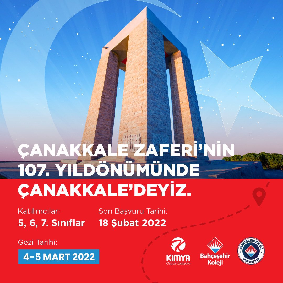 Çanakkale Zaferi'nin 107. Yıldönümünde Çanakkale'deyiz!🇹🇷🇹🇷🇹🇷

📆4-5 Mart
📨Son başvuru: 18 Şubat
📩5, 6 ve 7. sınıfların katılımına açıktır.

Detaylı bilgi için 0266 231 04 00 numaralı telefondan kampüsümüzle iletişime geçebilirsiniz

#bahçeşehirkoleji