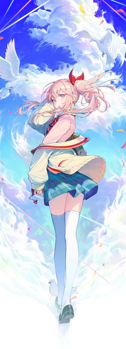 1other pink hair thighhighs pink eyes sky cloud bow  illustration images