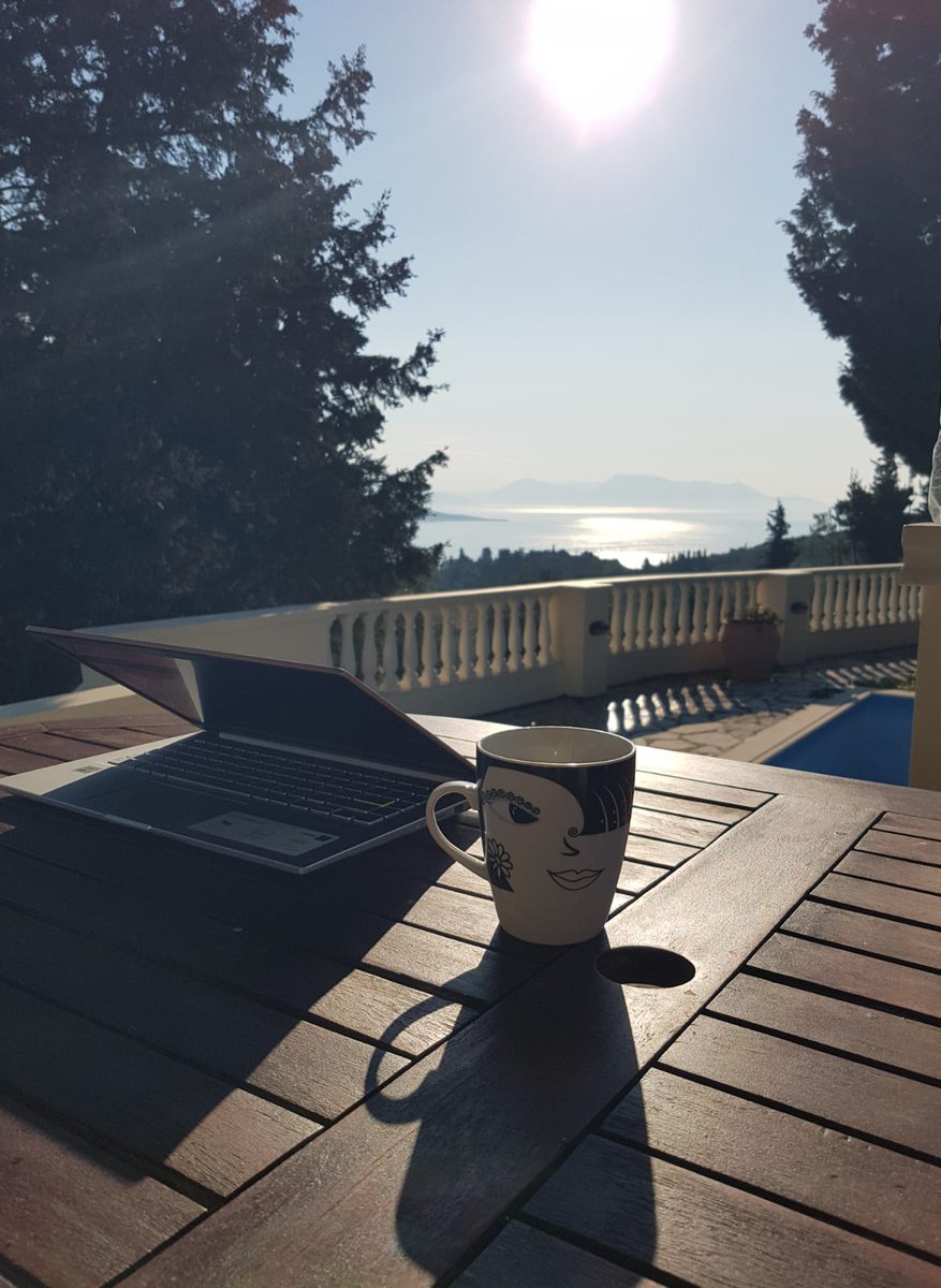 LifeGreekIsland's tweet photo. The terrace table is happy. Her friends are back from winter. For long morning coffees under the sun. Hello #spring 😁 Hello sun ☀️ Welcome back 🌞 https://t.co/43JgqWnSTW
