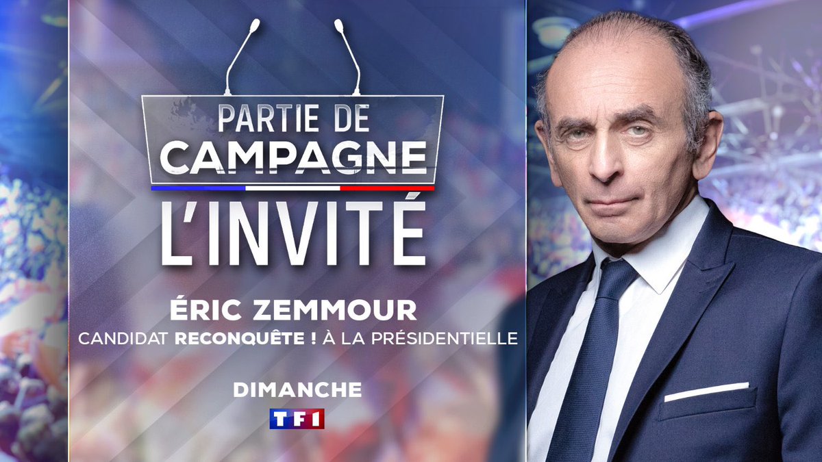🔴 Ce soir @ZemmourEric sera l’invité de @ACCoudray au 20h de @TF1 dans #PartieDeCampagne.

#ZemmourSaulieu