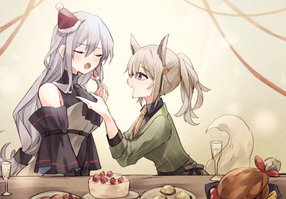 skadi (arknights) multiple girls food 2girls animal ears long hair tail shirt  illustration images