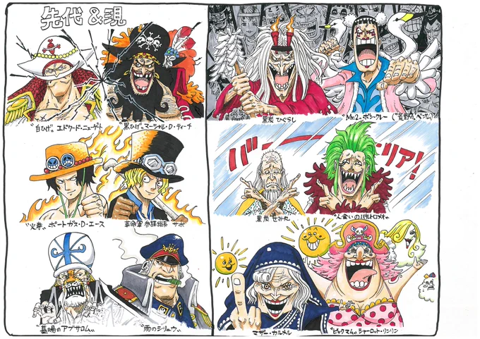 先代&amp;現の両方わかっている能力者をまとめると

・グラグラ(白ひげ→黒ひげ)
・メラメラ(エース→サボ)
・スケスケ(アブサロム→シリュウ)
・マネマネ(ひぐらし→ベンサム)
・バリバリ(せみ丸→バルトロメオ)
・ソルソル(カルメル→ビッグマム)

以上の6例となります。 