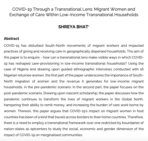 RefugeeReview's tweet photo. Shreya Bhat from @ceu discusses #gender ed experiences of care provided by 🇳🇬#migrants during #COVID19 through a transnational lens in our latest @RefugeeReview volume V.

#remittances #Nigerians #transnational #care 
@ESPMINetwork 

Read 👉https://t.co/12SlqEjpo7 https://t.co/46qaw6xNeG