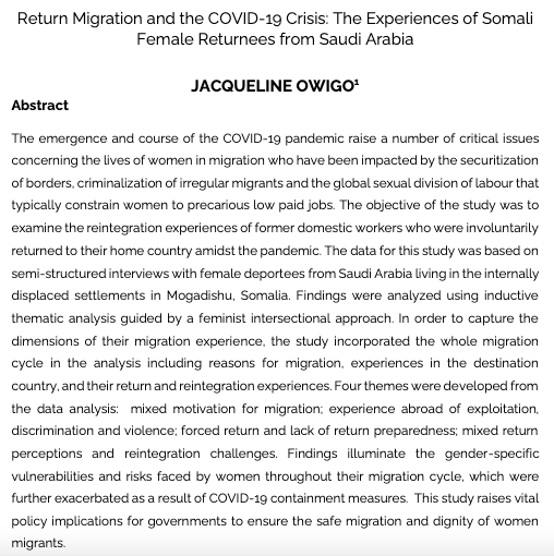 RefugeeReview's tweet photo. In her article for @RefugeeReview Jacqueline Owigo @JackieOwigo analyses return #migration experiences of 🇸🇴Somali returnees from 🇸🇦Saudi Arabia during #COVID19 

#Somalia #Return #Reintegration #SaudiArabia #gender @ESPMINetwork 

Read 👉 https://t.co/9zHwBojF0D https://t.co/NYpJN1B2MY