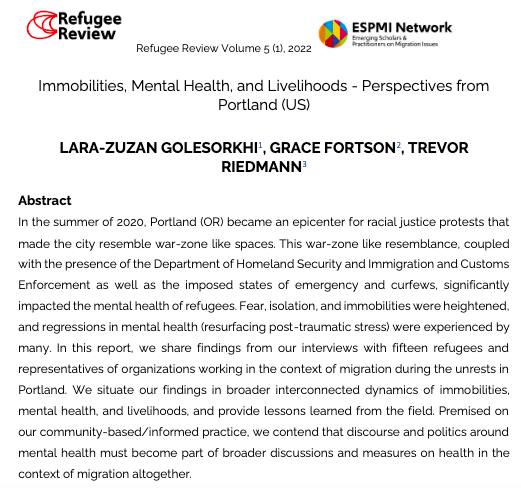 RefugeeReview's tweet photo. In article @RefugeeReview Lara-Zuzan Golesorkhi, Grace Fortson, Trevor Riedmann from @cmgj_ngo &amp; @UPortland discuss #Refugees' #Immobilities, #mentalhealth &amp; Livelihoods in 🇺🇸 #Portland #USA during #racialsocialjustice #protest 
@ESPMINetwork 
Read 👉
https://t.co/Cibw120GTV https://t.co/n0DeZnZKzZ