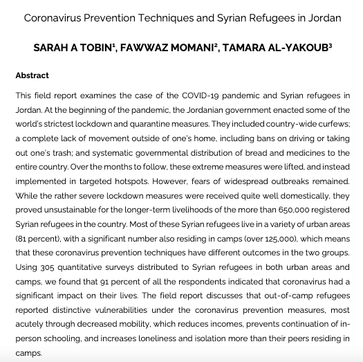 RefugeeReview's tweet photo. In their contribution to @RefugeeReview vol. V, @SarahATobin from @cmi_no, @fawwaz_momani and @alyakoub_tamara from @yarmoukuni analyse the impact of #COVID19 prevention techniques on 🇸🇾 #Syrian #Refugees in 🇯🇴 #Jordan  
@ESPMINetwork 

Read 👉 https://t.co/gLeYMLAfag https://t.co/f8vEmVo3yH