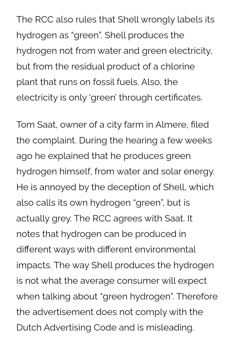 The Dutch advertising watchdog rules finds Shell's 'green hydrogen' advertising is misleading. This, after its "drive carbon neutral' campaign was also found to be misleading..... sensing a theme here 

verbiedfossielereclame.nl/advertising-wa…