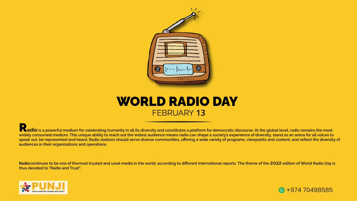 PunjiPrinters's tweet photo. For decades, radio has become a trusted medium of communication throughout the world. Bring the world closer and honor radios. Happy World Radio Day.
#punjiprinters #radio #radioday #WorldRadioDay #worldradioday #worldradioday2022 https://t.co/fD0k7zU8Jv