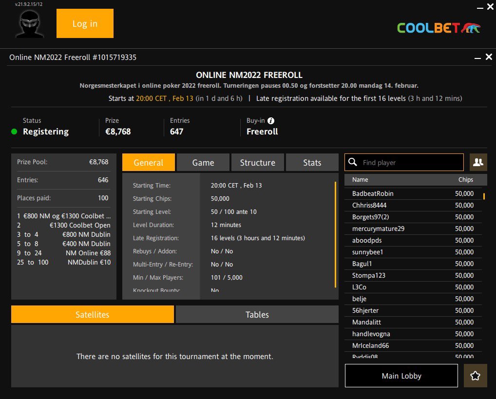 I kveld kan du bli norgesmester i poker, uten å risikere en eneste krone🤝

@CoolbetNorge sponser NM i poker og har lagt til premier for nesten 90.000kr i kveldens Freeroll🤩

Meld deg på nå! 🔥