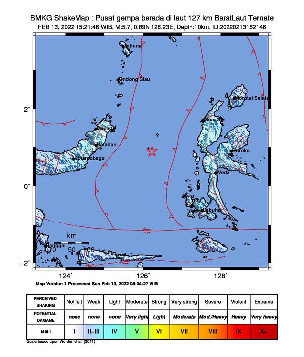 #Gempa Mag:5.7, 13-Feb-22 15:21:46 WIB, Lok:0.89 LU, 126.23 BT (Pusat gempa berada di laut 127 km BaratLaut Ternate), Kedlmn:10 Km Dirasakan (MMI) II-III Ternate, II Bitung, II Manado #BMKG