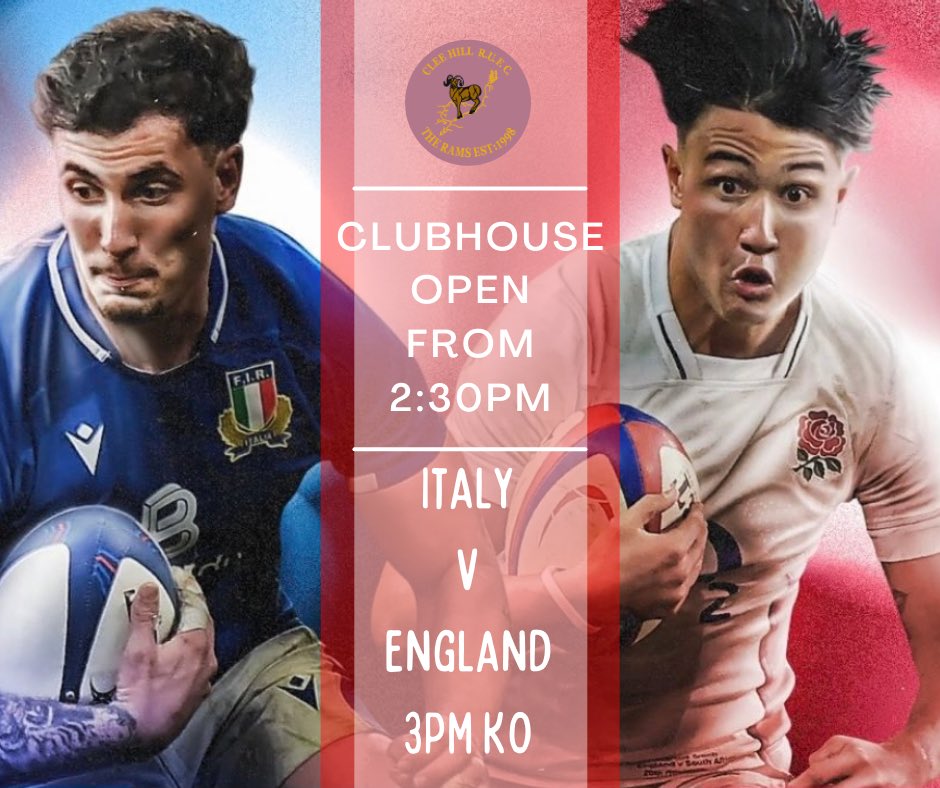 🍻Clubhouse will be open today from 2:30pm🍻

    🇮🇹 Italy 🇮🇹 
            v
🏴󠁧󠁢󠁥󠁮󠁧󠁿 England 🏴󠁧󠁢󠁥󠁮󠁧󠁿 

🍻🏉Everyone welcome to come down and enjoy a Sunday afternoon watching the rugby and enjoying a few drinks🏉🍻

#comeonengland