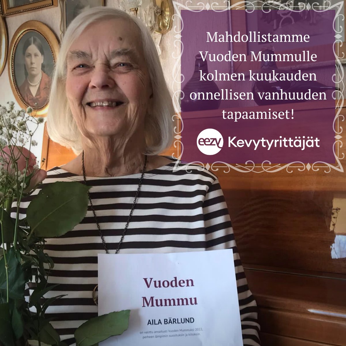 SeuranaOy's tweet photo. @Eezyfi mahdollistaa Vuoden Mummulle 3 kuukauden @SeuranaOy onnellisen vanhuuden tapaamiset. Kiitos.💜

Paljon onnea Vuoden Mummu 2022, Aila Bärlund, 90, omaishoitaja Porista! 💜

Lue Ailan ihana tarina:
https://t.co/FcRdv5m1dG

#seurana #onnellinenvanhuus 
#vuodenmummu https://t.co/3qeQkG3pb2