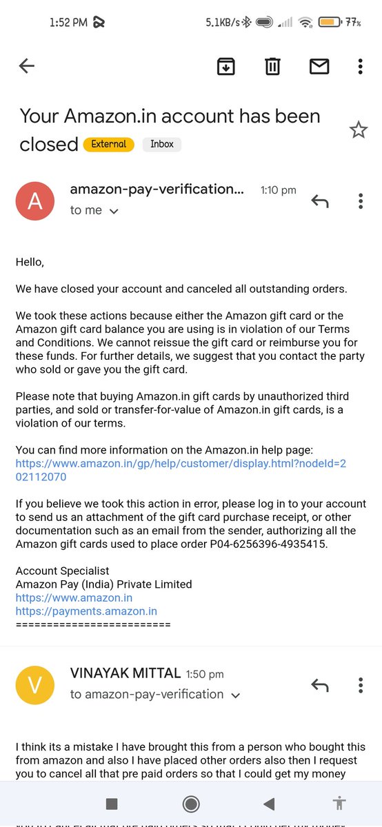 My amazon account got freezed <a href="/AmazonHelp/">Amazon Help</a> says ileggal giftcard but I have proof of gift card I have placed many orders from that account order id
405-8010800-6441119
405-8534577-1673112
405-5702868-4244300
405-3316590-2229146 unblock my account or refund these order <a href="/amazonIN/">Amazon India</a>