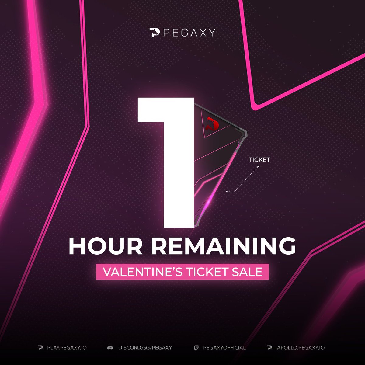 PegaxyOfficial's tweet photo. 1 more hour left before the Valentine’s breeding event commences! 💖🍭 

Are you ready to get on your hands on the limited Valentine’s tickets? 💖 

The event has a deadline! 😝Valentine’s ticket sale will end on February 14, 2022, 3:59 PM UTC! ⏰ 

Act fast, Pegaxians!🐎 https://t.co/dmSTFJCJNp