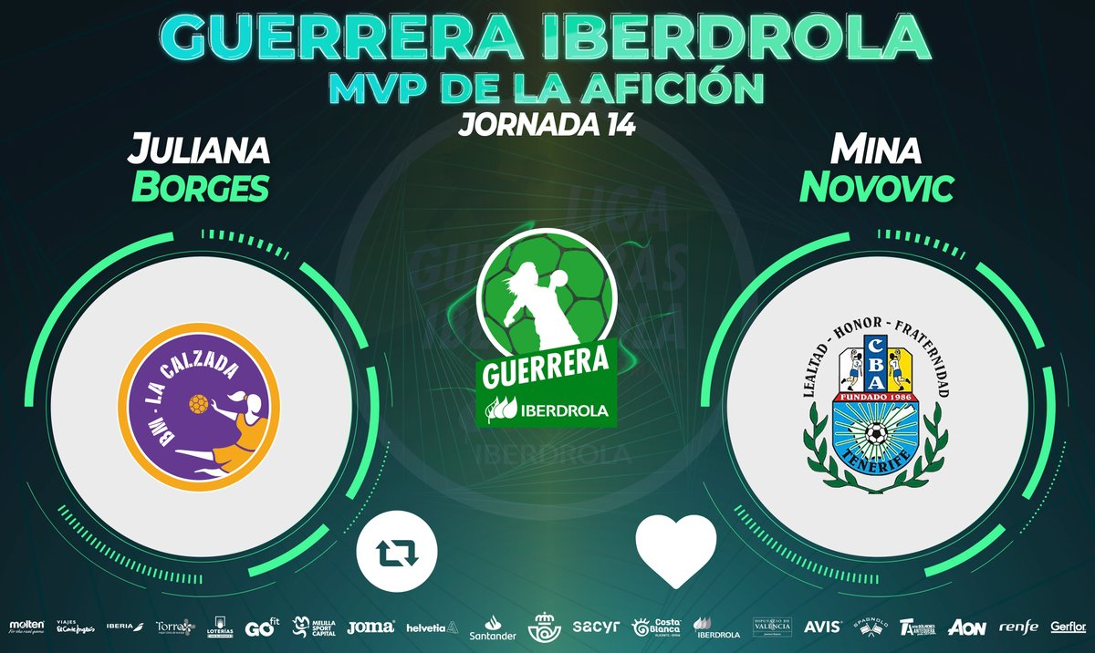 ⭐️#GuerreraIberdrola - Jornada 14
  
🆚 <a href="/CBLaCalzada/">Club Balonmano MotiveMarket.com La Calzada</a> : <a href="/BalonmanoSalud/">Balonmano Salud Tenerife</a>
 
♻️ RT: <a href="/juliborgeslima/">Juliana Borges Lima</a>
❤️ Me gusta: Mina Novovic