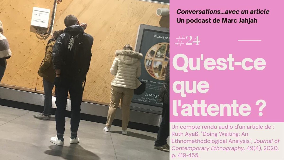24ème <a href="/Podcast_SHS/">Conversations...avec un article</a> :

"Qu'est-ce que l'attente ?"

Un compte rendu audio de l'article d'une collègue sociologue (Ruth Ayaß), professeure au département de Bielefeld.

anchor.fm/conversations-…