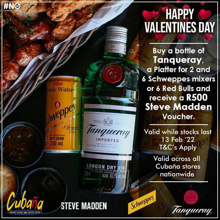 GigCulture's tweet photo. Todays Valentines S P E C I A L // ✨

Have You Seen? @Cubana_BFN is gifting a R500 voucher if you buy a bottle of Tanqueray, a platter for 2 &amp; 6 mixers.

Spoil a loved one and get an extra something in return! 🥂 that’s the spirit of L O V E ❤️

Be There! https://t.co/AlNP2CjF9P
