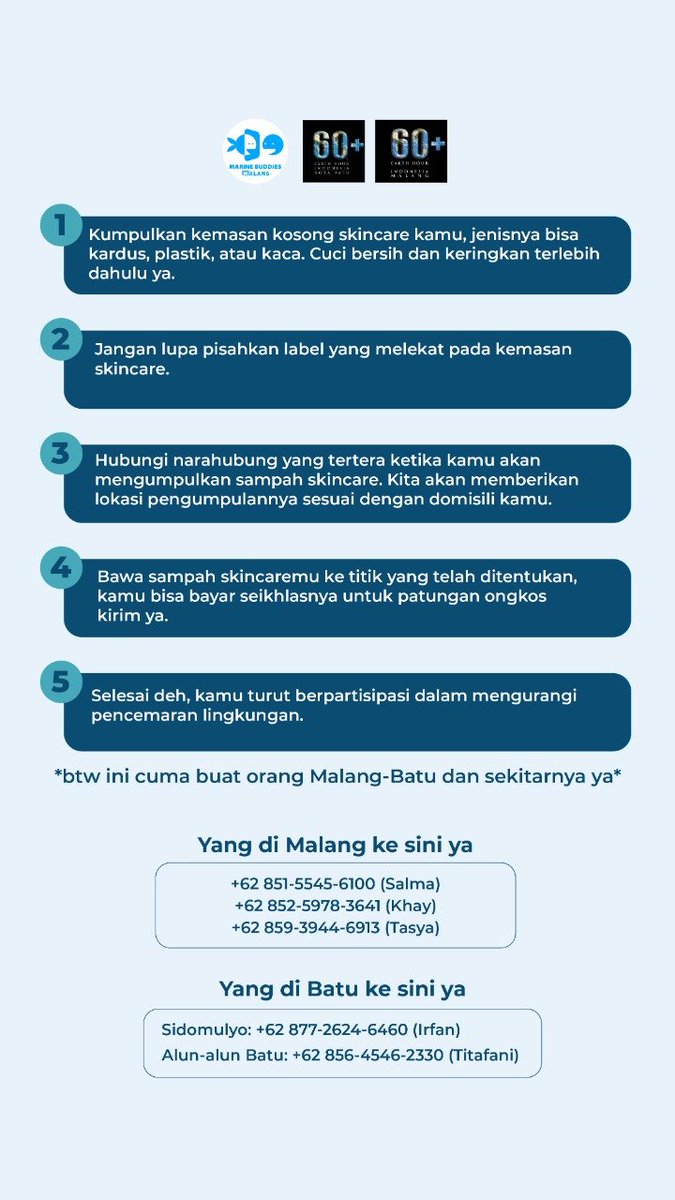 marbudmlg's tweet photo. Yuk, yang udah ngumpulin wadah skincare dan bingung mau dibuang kemana agar tetap menjaga lingkungan, CYS sudah dibuka dari hari ini sampai tanggal 20 Februari 2022 ya. Untuk tempat pengumpulan bisa langsung hubungi cp yg tertera di gambar. Jangan sampai kelewatan ya, Buddies! https://t.co/ZCnHXWu9xx
