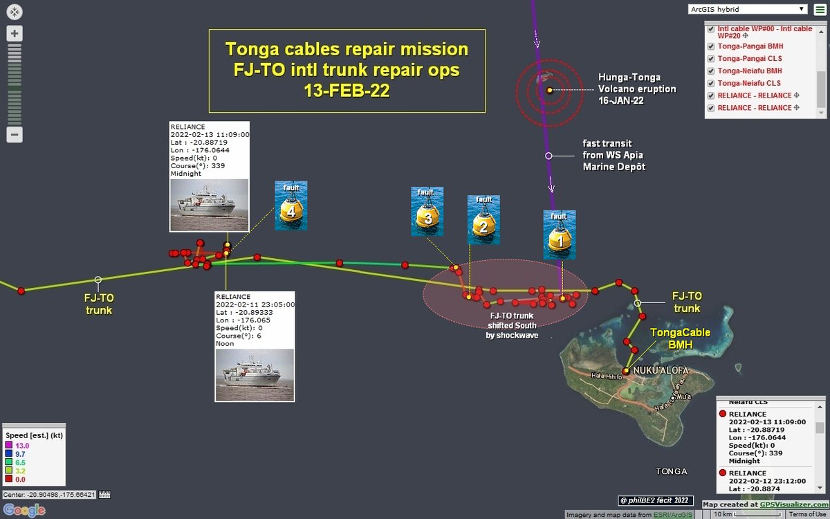 philBE2's tweet photo. @SubCableWorld @SubComLLC @tonga_comm @DigicelTO @ConnectStHelena @ITU @DougMadory 13FEB22 (2) 🇹🇴Tonga communications disruption
🇲🇭🚢CS Reliance latest, fairly static positions, as she toils steadfastly
over fault #4 of 🇹🇴〰️🇫🇯 international trunk most 🧭 Westward location.
@SubcomLLC @Tonga_comm @DigicelTO @ConnectStHelena @DougMadory #TongaCable https://t.co/poJGPXWAId