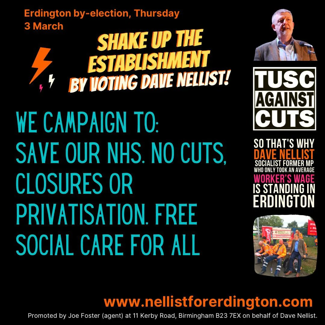 Save our NHS. No cuts, closures or privatisation. Free social care for all.