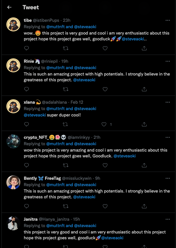 VoxusKingus's tweet photo. @DIGITAL72542991 @XIcIIIv7895 @muttnft ok mate xD THOUSANDS of comments like this on all posts - all BOTS - beware everyone! https://t.co/V6OxeJ9ume