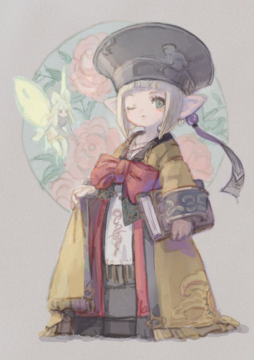 lalafell pointy ears hat fairy one eye closed book 2girls  illustration images
