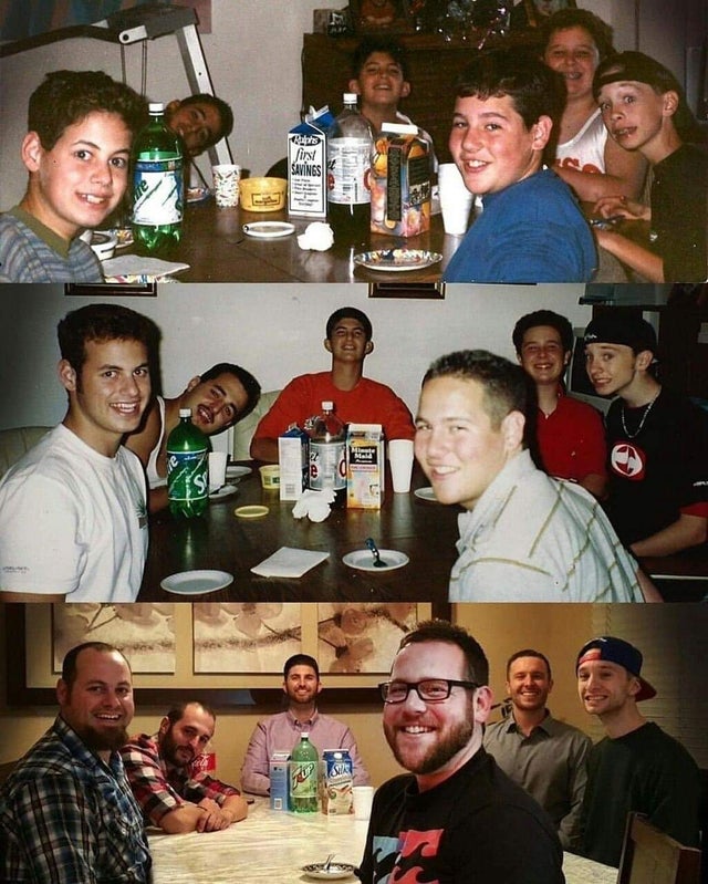 LMPositif's tweet photo. 📸 Ce groupe d'amis se reprend en photo à plusieurs années d'intervalle sur le modèle d'un premier cliché de leur jeunesse. L'image illustre leur belle amitié de 20 ans ! ❤ https://t.co/gjlqcnuYJn