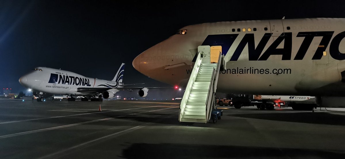 Gerjon_'s tweet photo. What a sight! Two National Airlines Boeings 747 on ground at 🇺🇦Kyiv Boryspil Airport in Ukraine last night. 🇺🇸N729CA #CMB336 and 🇺🇸N702CA #CMB337. https://t.co/v5ZoPdZsqY