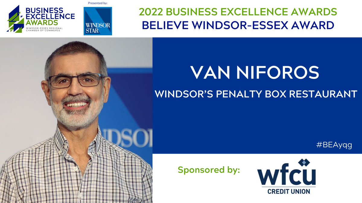 Congratulations Van Niforos, Owner &amp; Operator, Windsor’s Penalty Box Restaurant as the <a href="/WERCofC/">Windsor Essex Chamber of Commerce</a> BELIEVE Award Recipient 👏👏

Presenting Sponsor <a href="/TheWindsorStar/">The Windsor Star</a>

BELIEVE Award Sponsor @WFCUCreditUnion

LIVE Event on May 19th!

🎟 bit.ly/BEA2022

#yqg #BEAyqg