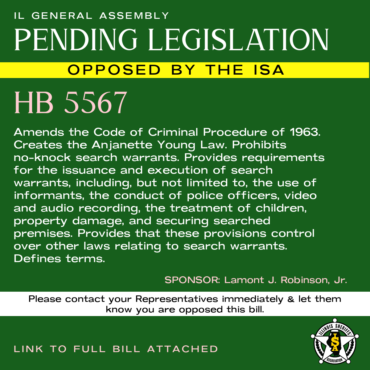 ILSheriffsAssoc's tweet image. HB5567 - Opposed by the ISA

Link: ilga.gov/legislation/bi…