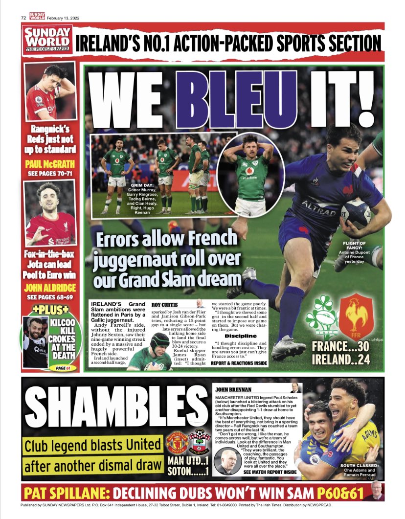 DaraghKeany's tweet photo. Another cracking package today folks 
Brilliant splash by @nicolatallantsw 
Stunning mag shoot by @Deneezsmith &amp; @evndoherty 
Top sport by @RealKevinPalmer @RoyCurtis68 @JohnBrennanSW @ @SeanMcGoldrick1 
All the telly by @thehackette https://t.co/ktSnFxpGHc