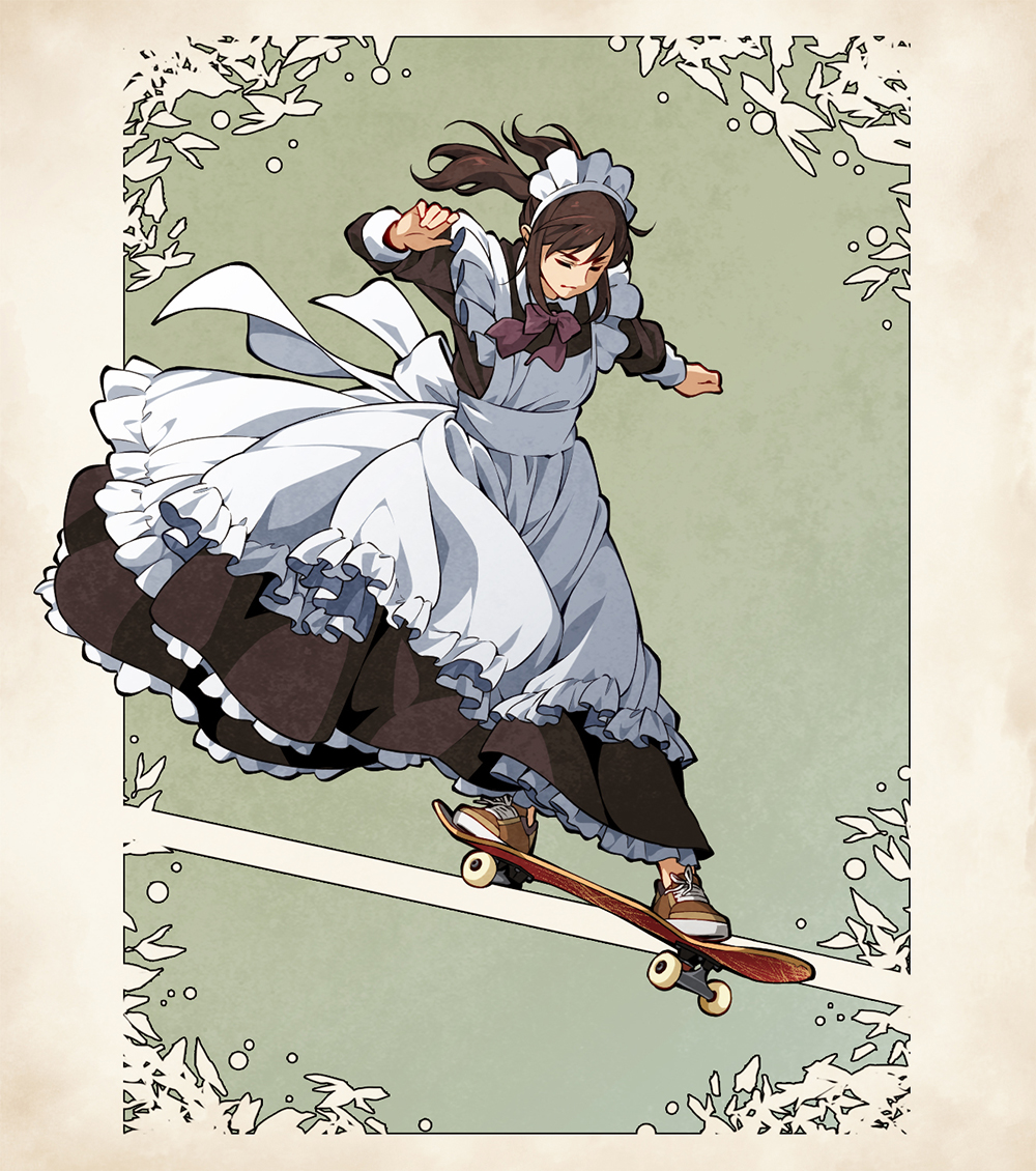 1girl maid sneakers skateboard maid headdress solo brown hair  illustration images