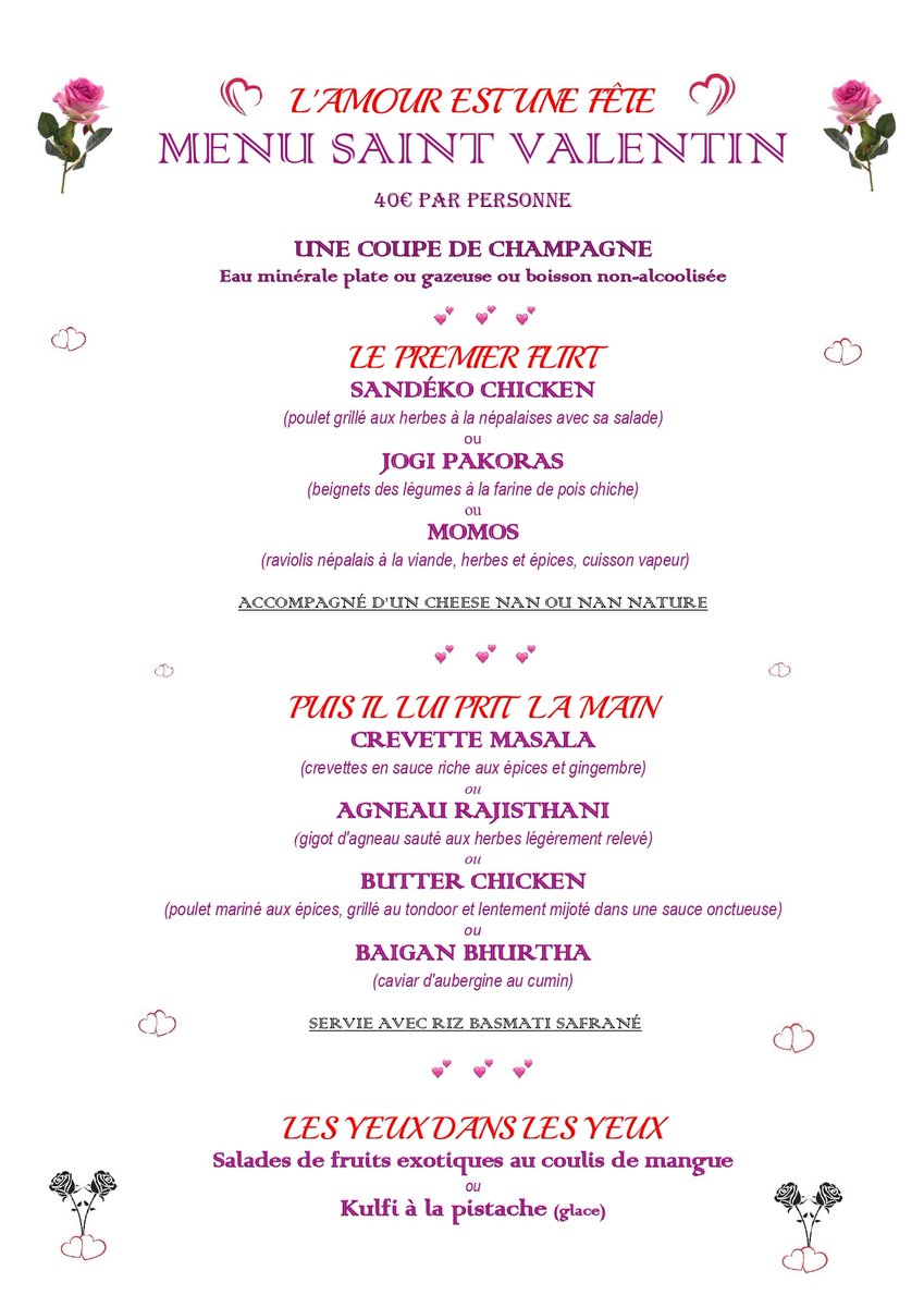 MENU SAINT VALENTIN  
Lundi 14 février 2022
Campagne avec 5 plats 
 Cherz Ram, Évry-Courcouronnes

#chezram #saintvalentin #menusaintvalentin #stvalentin #saintvalentin2022 #saintvalentinesday #Essonne #evry