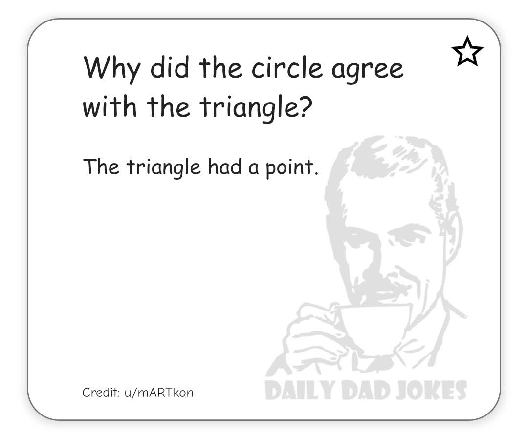 DailyDadJokes6's tweet photo. It has three points to be exact.
Subscribe to the Daily Dad Jokes podcast here at https://t.co/ely3YY9eTj
#dadjokes #comedy #dadhumor #familyjokes #schooljokes #mathjokes #geometryjokes https://t.co/sbCNuk7X0g