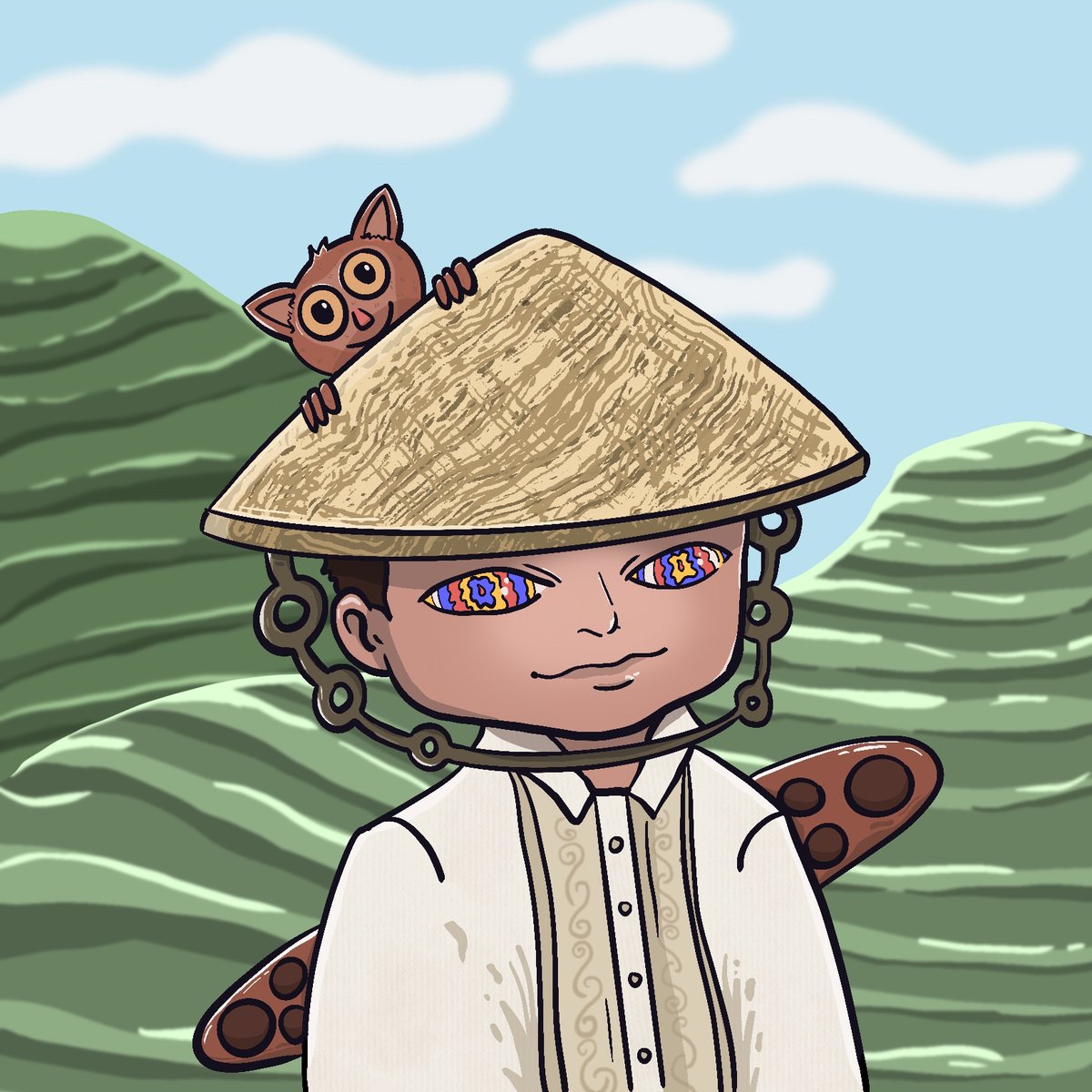 BlackieHendrix's tweet photo. Made @Moshiheads art while paying tribute to my beautiful country, the Philippines. Saw how much tribute Moshiheads gave to the people in Solana NFTs so it inspired me to make some art integrating my Filipino culture. Hope you guys like it @Paldoshy @PHILLIP_A_8 #MoshiArt https://t.co/1Hmd7RrONo