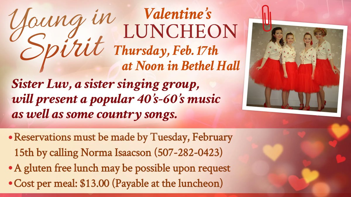 BethelLutheran's tweet image. #YoungInSpirit - Thursday, February 17th, beginning at noon.
We have a #Valentine Luncheon and a Valentine Program with Sister Luv, a sister singing group presenting 40's-60's music and some country songs.
#bethel #sisterluv #rochestermn #bethellutheranchurch