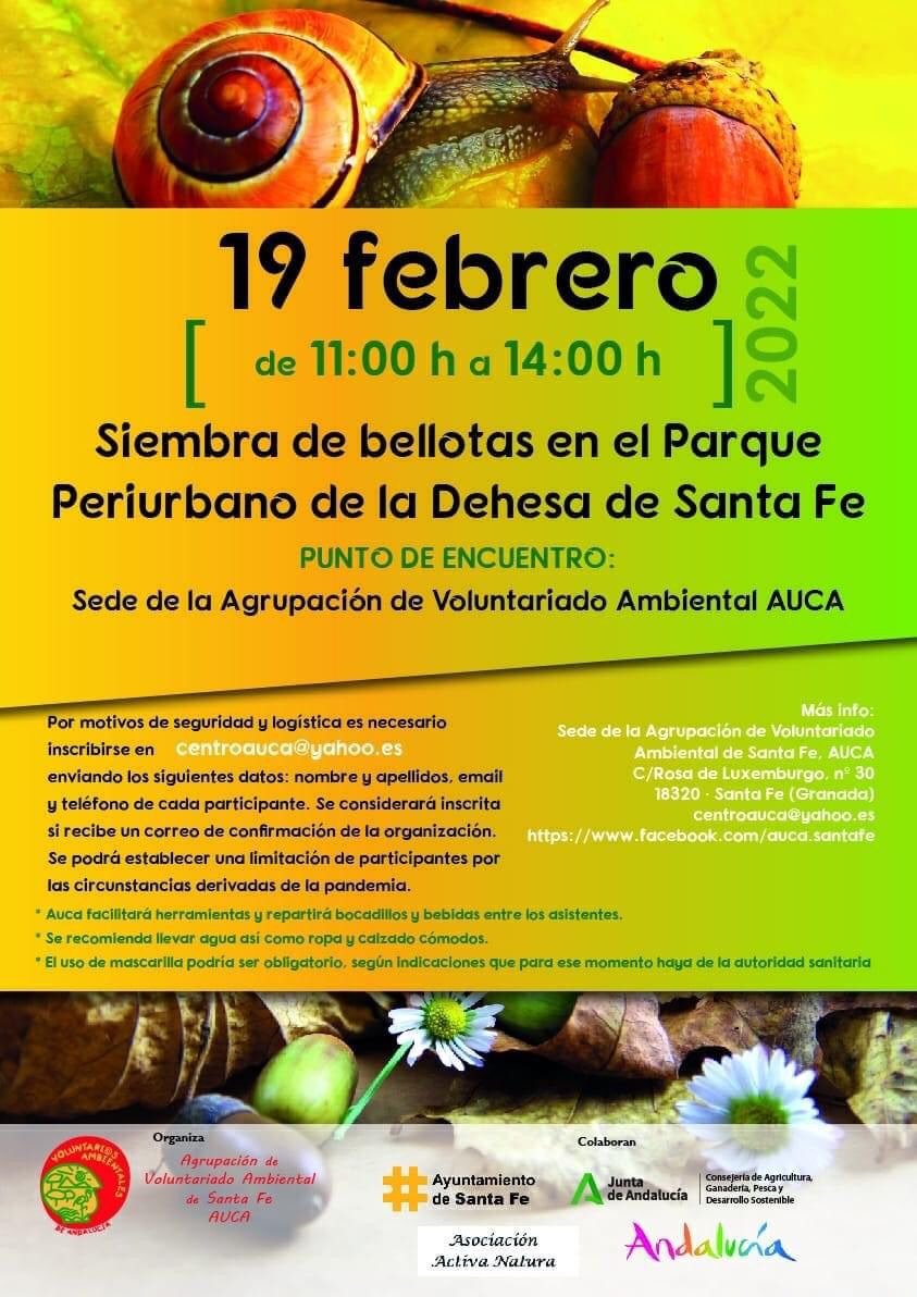 SantaFeAyto's tweet photo. 🛑INFORMACIÓN GENERAL
El sábado 19 de febrero la Asociación de Voluntariado Medioambiental AUCA, junto al área de Medio Ambiente de nuestro Ayuntamiento realizará una siembra de bellotas en el Parque Periurbano de la Dehesa de Santa Fe.
Interesados/as inscribirse.
¡Os esperamos! https://t.co/QehfunDKal
