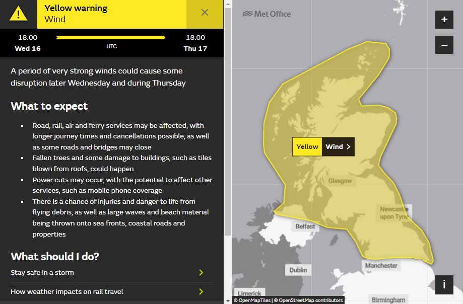 trafficscotland's tweet photo. ⚠️ YELLOW WEATHER WARNING ⚠️

The @metoffice have issued a YELLOW weather warning for 🌬️WIND 🌬️

Wednesday 16 February 18:00hrs until Thursday 17 February 18:00hrs.

Full information can be found here 👉 https://t.co/QrQh3pC9EI

#drivesafe https://t.co/KFTtGmAJbA