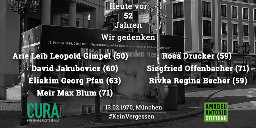 AmadeuAntonio's tweet photo. Heute jährt sich der antisemitische Anschlag auf das jüdische Altenheim in der Reichenbachstraße in München, der am 13.02.1970 zum Tod von 7 Bewohner:innen führte. Der Anschlag zählt zu einem der schwersten Angriffe auf Jüdinnen:Juden in Nachkriegsdeutschland. 1/3 https://t.co/HfLgXK6c5s